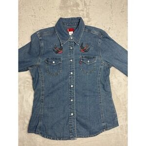Levi's Western Denim Shirt Embroidered Swallow Birds El Dorado M